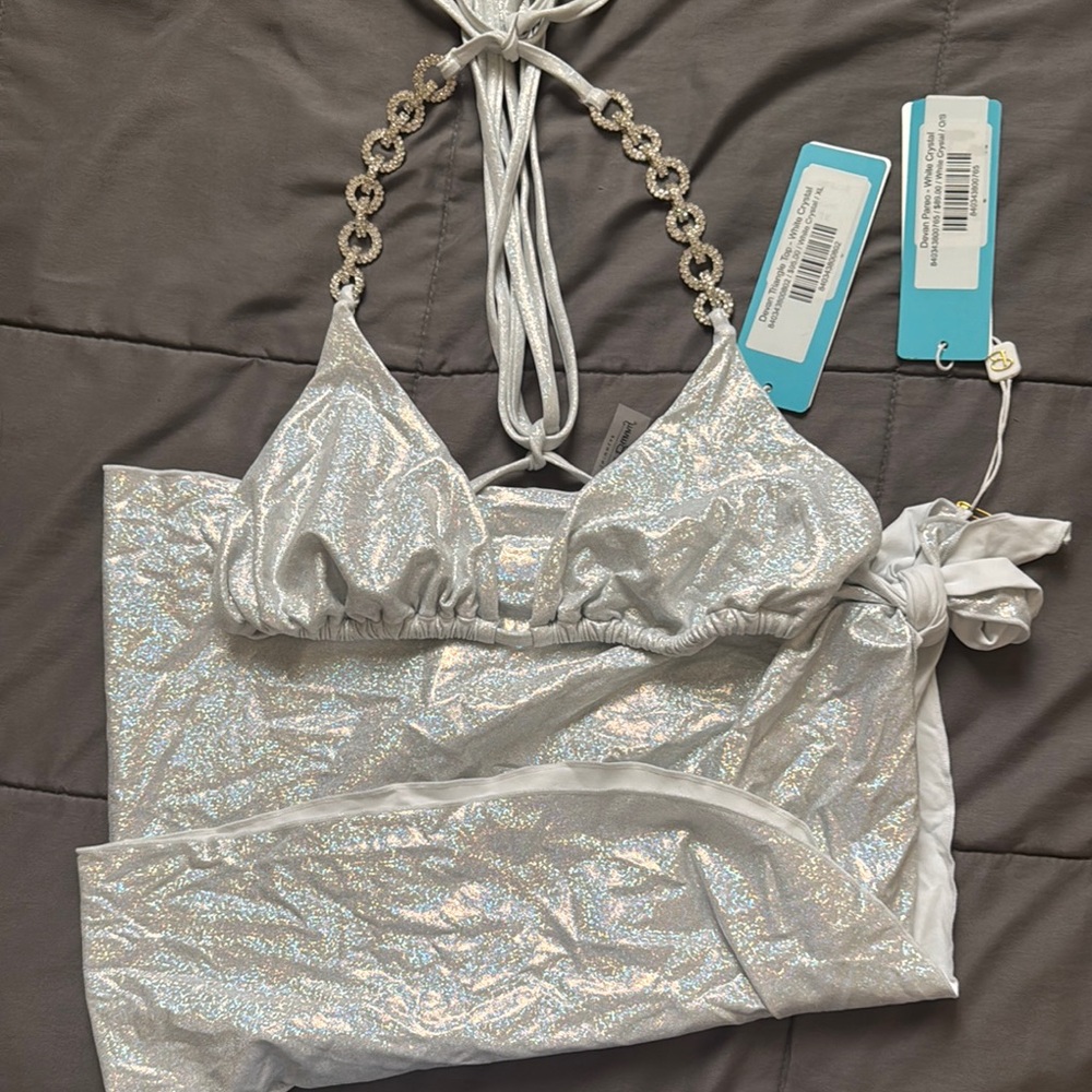 Beach Bunny Silver Bikini with Metallic Sheen and Adjustable Straps